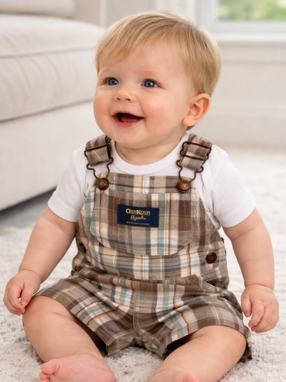 Vintage OshKosh B’gosh Shortalls 6M Plaid Baby Boy Overalls Classic Retro Summer - Picture 2 of 3